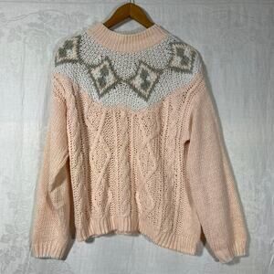 Vintage Sweater Medium Pink Gray Fair Isle Cable Knit Open Picket Poot Coquette